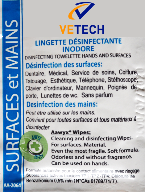 Lingette désinfectante inodore - Virus - Bactéries - Champignons- Levures -  Lot de 100 pièces